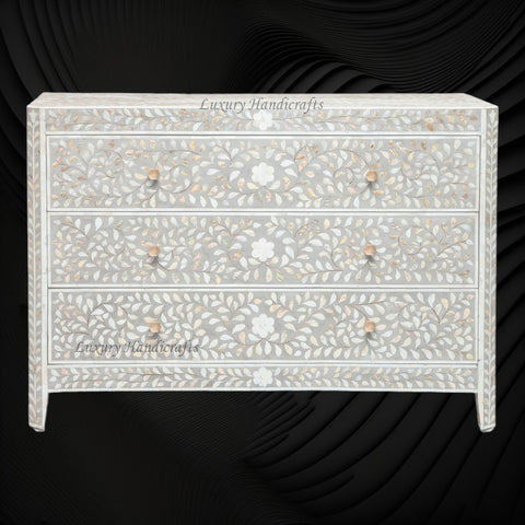 MOP Inlay Edge Floral 3 Drawer Dresser Grey 1