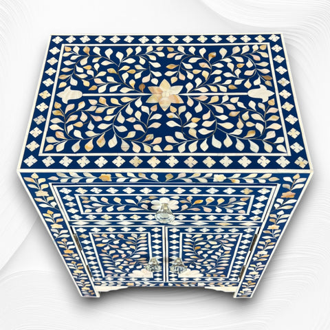MOP Inlay 1 Drawer 2 Door Bedside Table Dark Blue 1