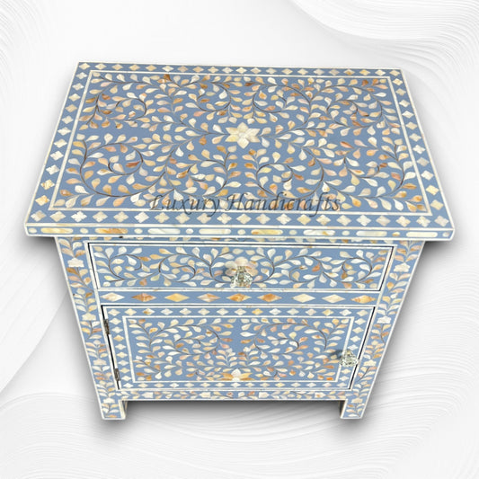 MOP Inlay Bedside Floral 1 Drawer 1 Door Pale Blue 1