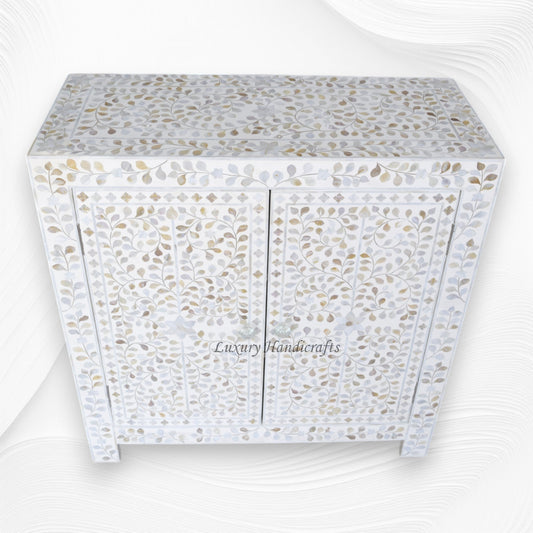 MOP Inlay Floral 2 Door Cabinet White 2