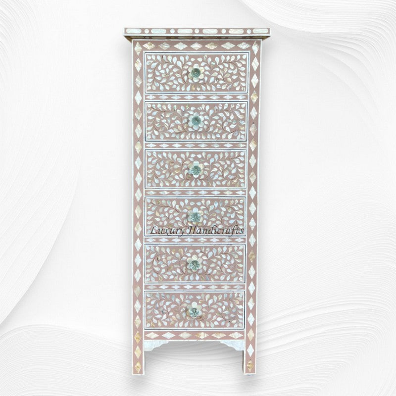 MOP Inlay Floral 6 Drawer Tallboy Chest Milk Chocolate 5