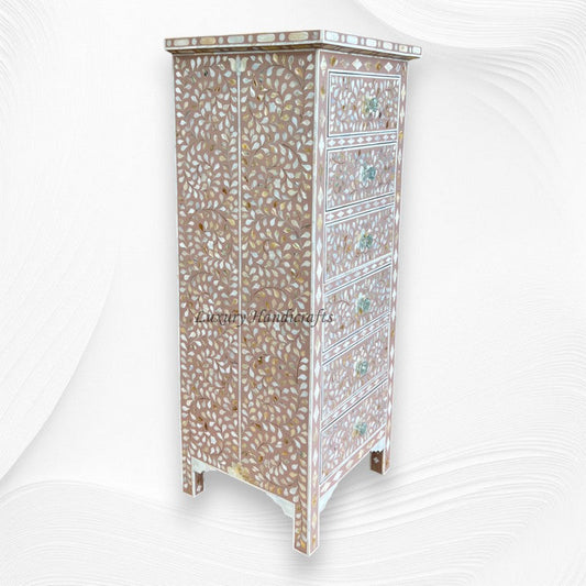 MOP Inlay Floral 6 Drawer Tallboy Chest Milk Chocolate 2