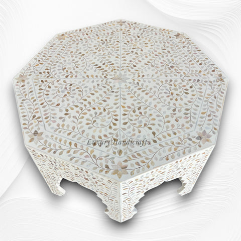 MOP Inlay Floral Octagonal Coffee Table White 6