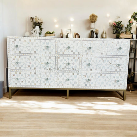 MOP Inlay Moroccan 9 Drawer Chest White