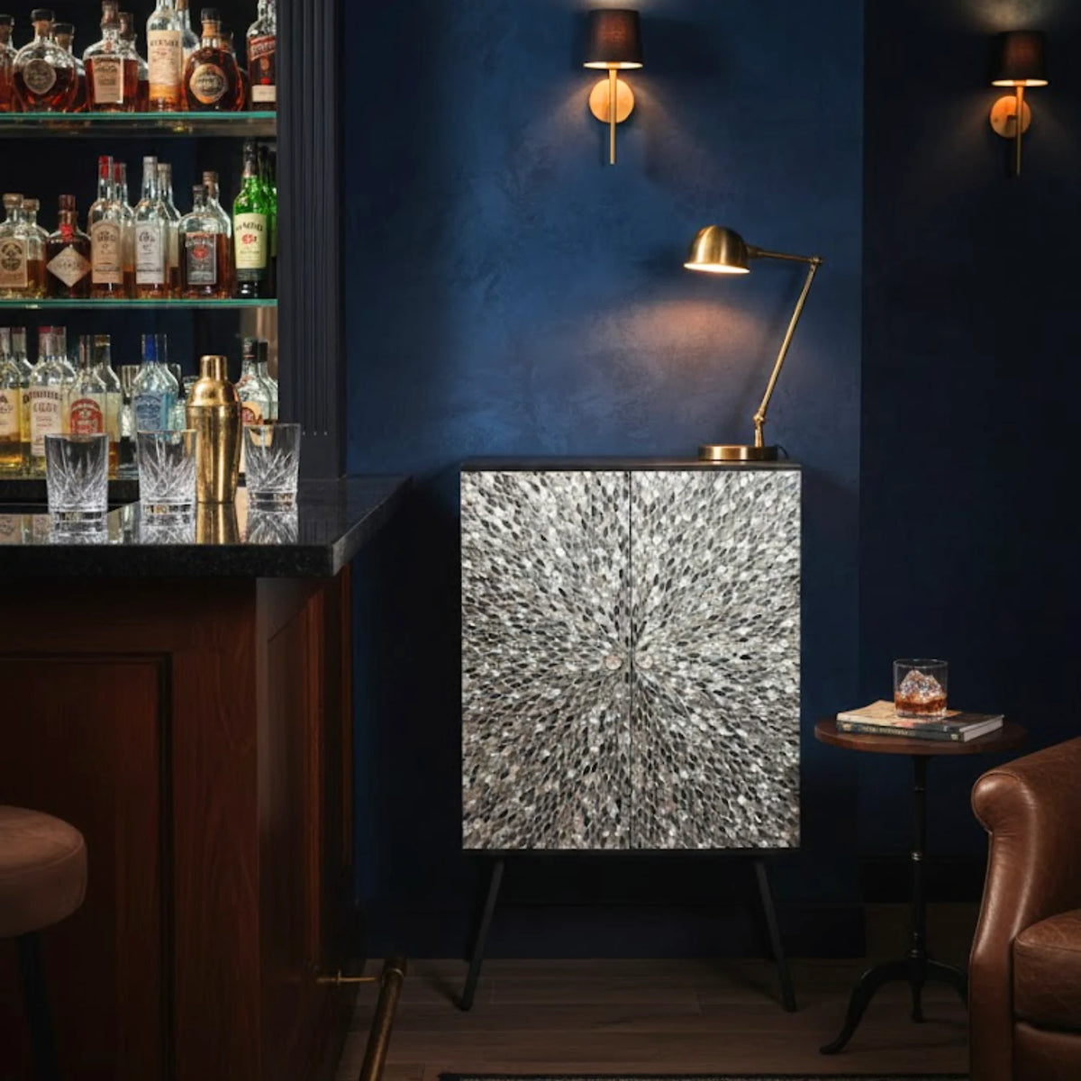 Caroline Black Mother of Pearl Inlay Bar Cabinet