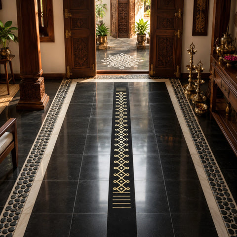 Cuddapah Marble Kolam Brass Inlay Floor Strip