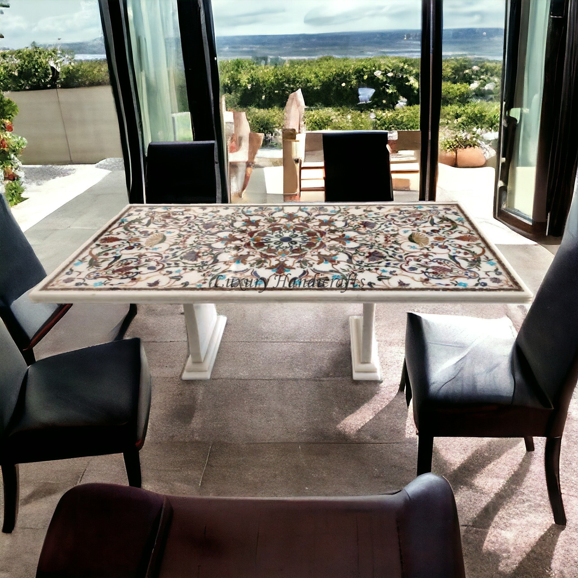Maria Marbee Maria Gemstone Inlay Marble Dining Table 8 Seater – Luxury Handicrafts