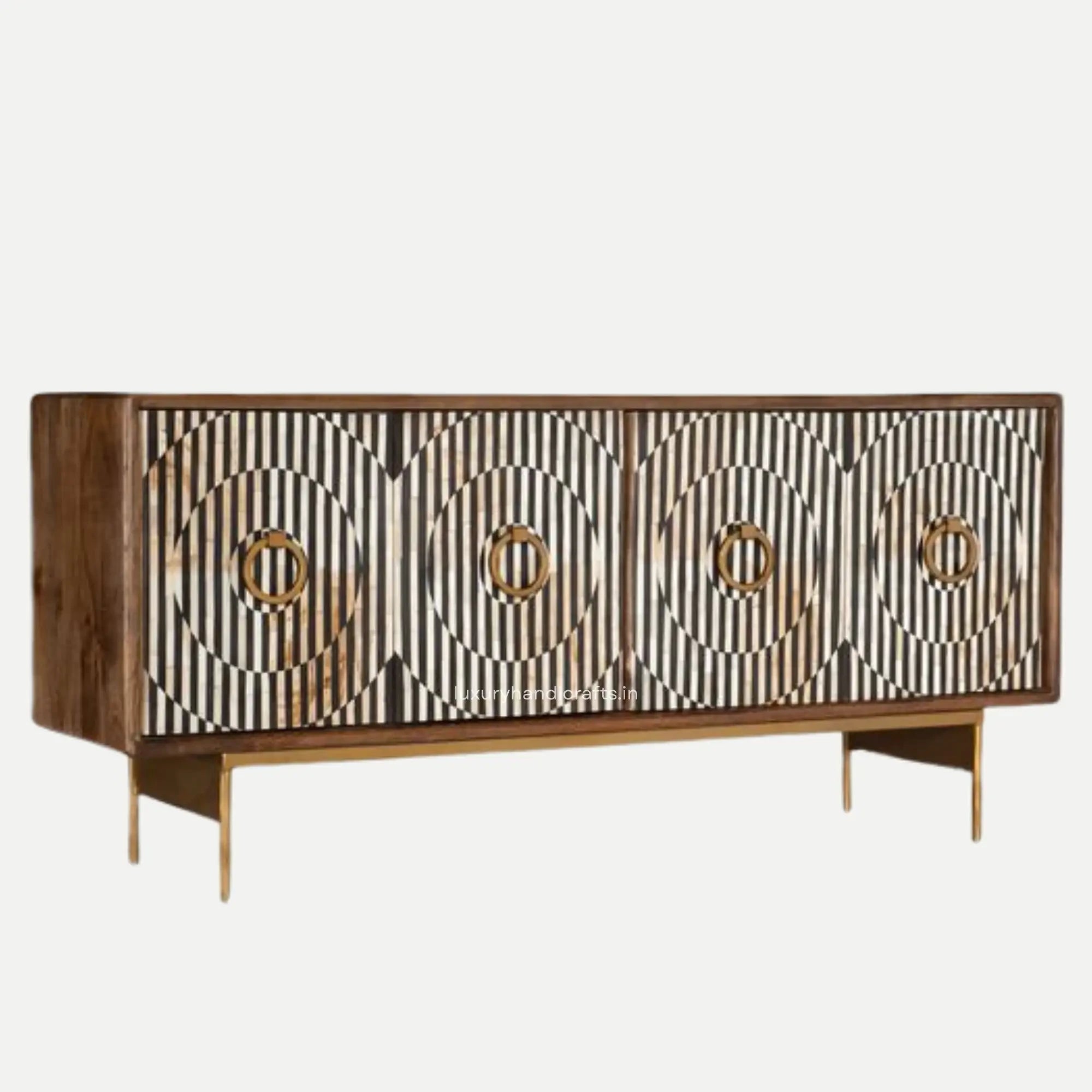 Wooden sideboard with geometric bone inlay pattern on a white background