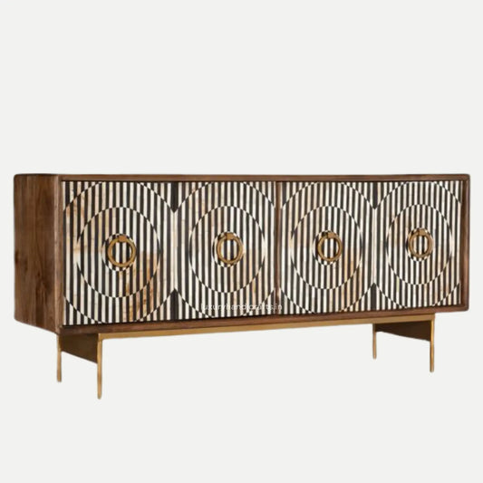 Wooden sideboard with geometric bone inlay pattern on a white background