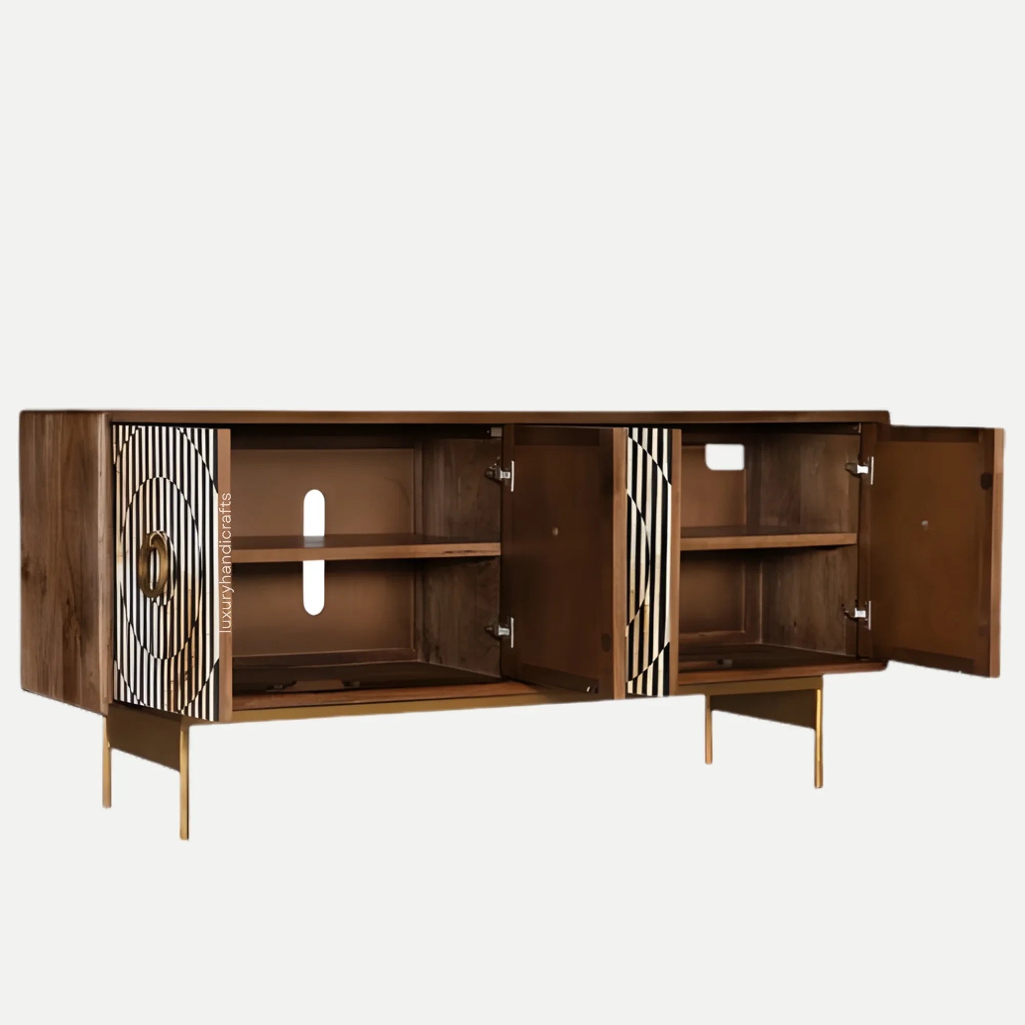 Wooden sideboard with open doors on a white background
