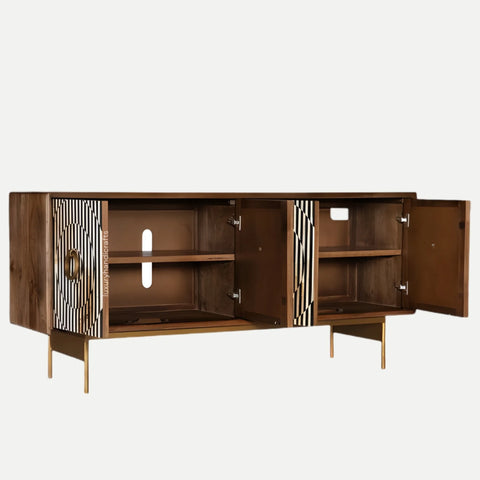 Wooden sideboard with open doors on a white background