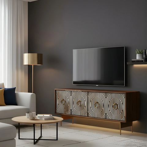 Melange Russell 4-Door Bone Inlay Credenza, Brown