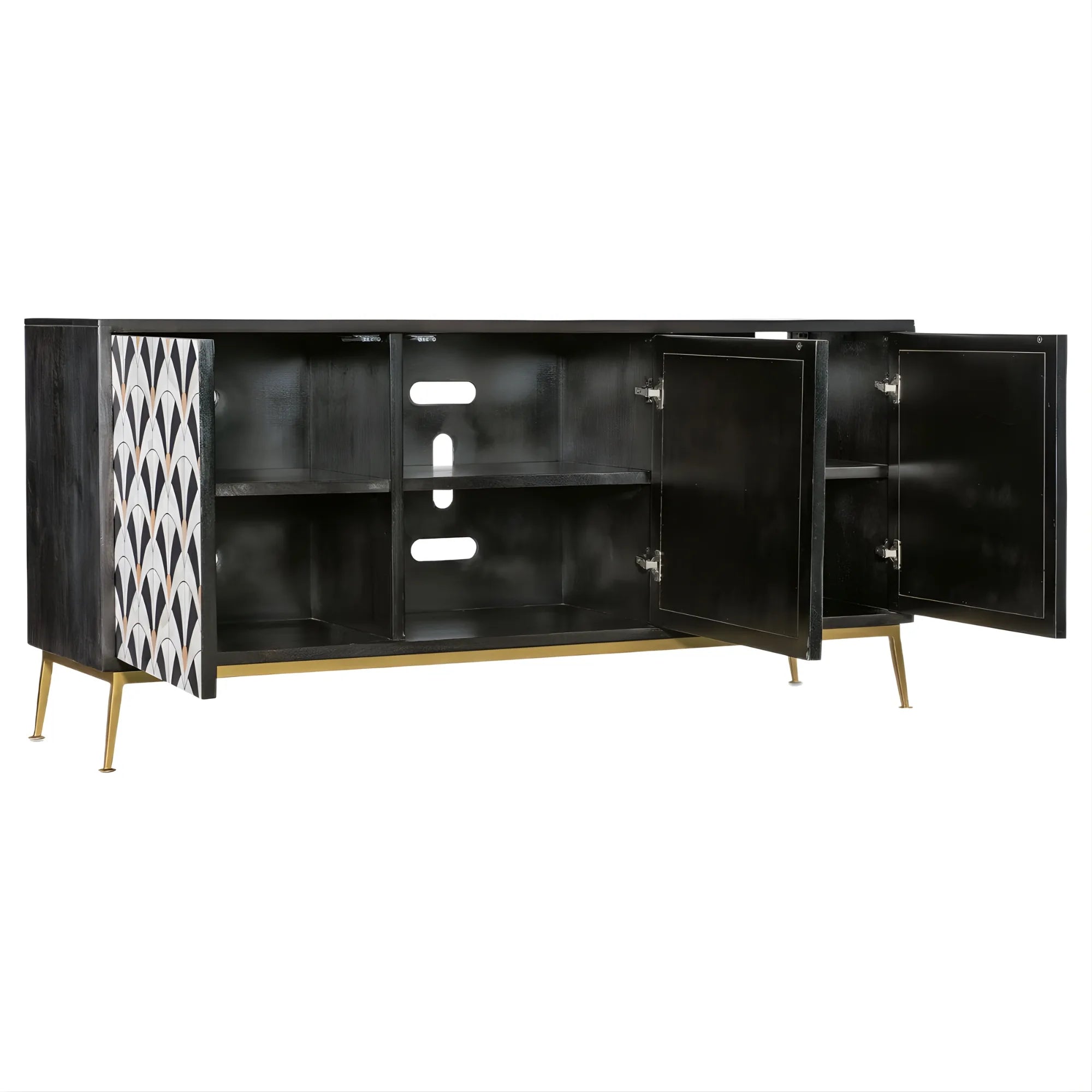 Black sideboard with open doors on a white background