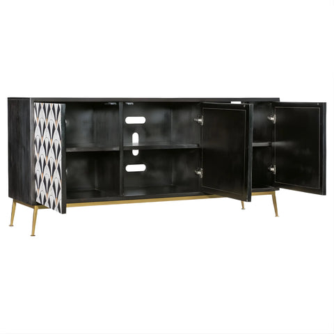 Black sideboard with open doors on a white background