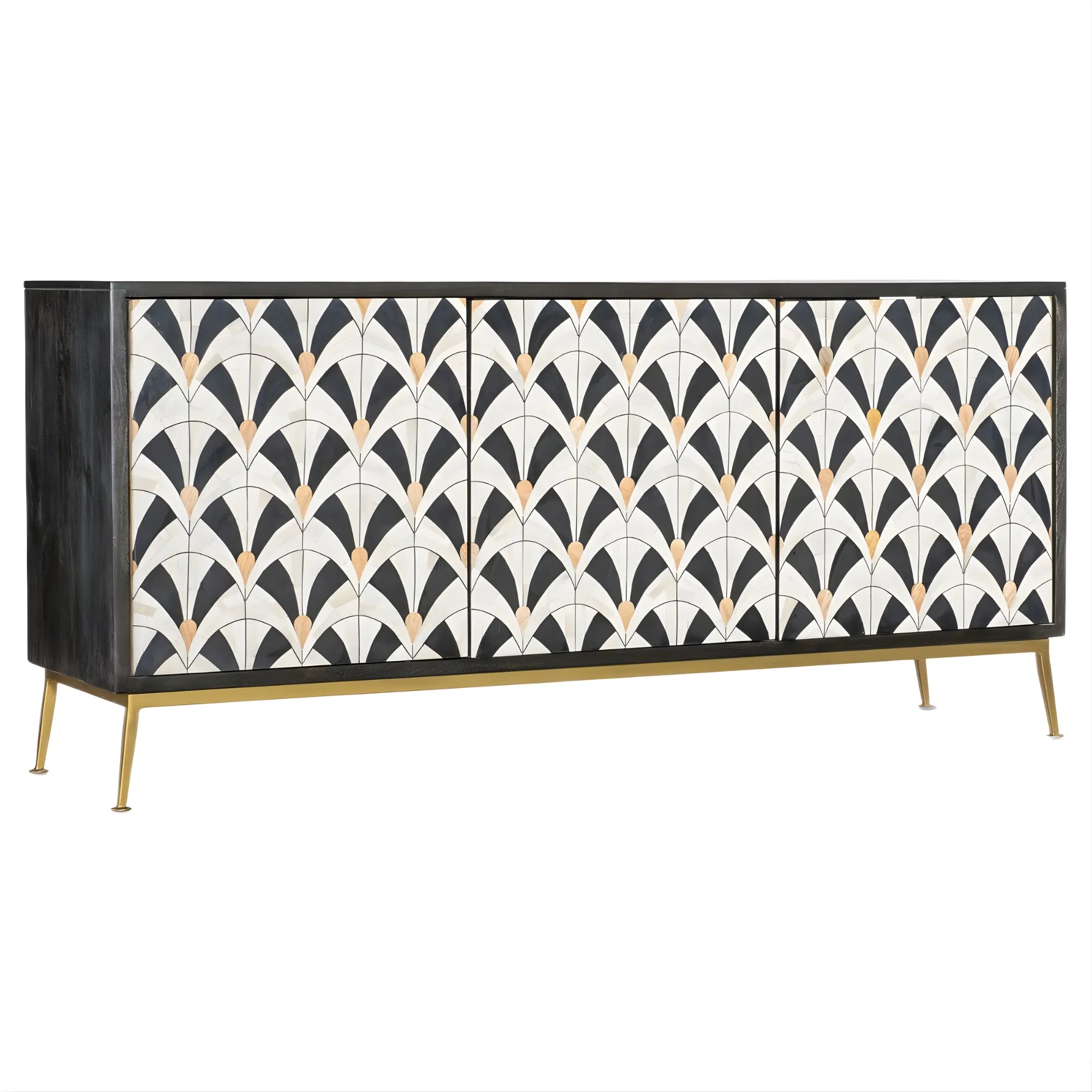 Cabinet with black, white, and gold geometric pattern on a white background