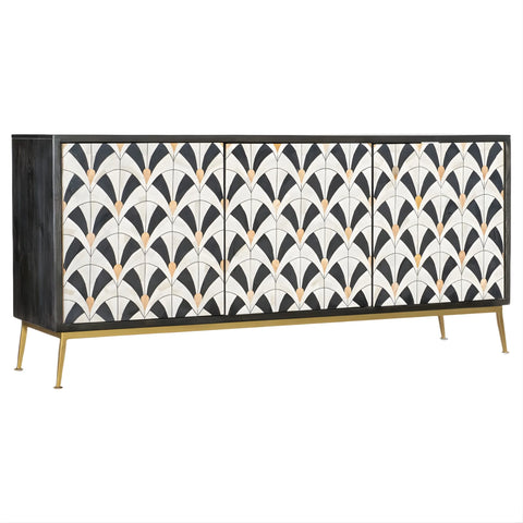 Cabinet with black, white, and gold geometric pattern on a white background