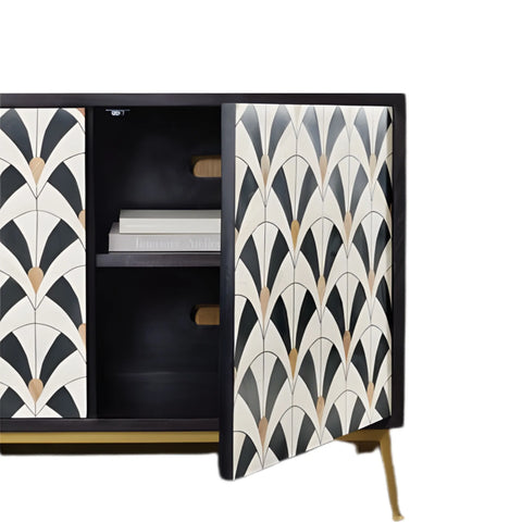 Cabinet with geometric patterned doors on a white background