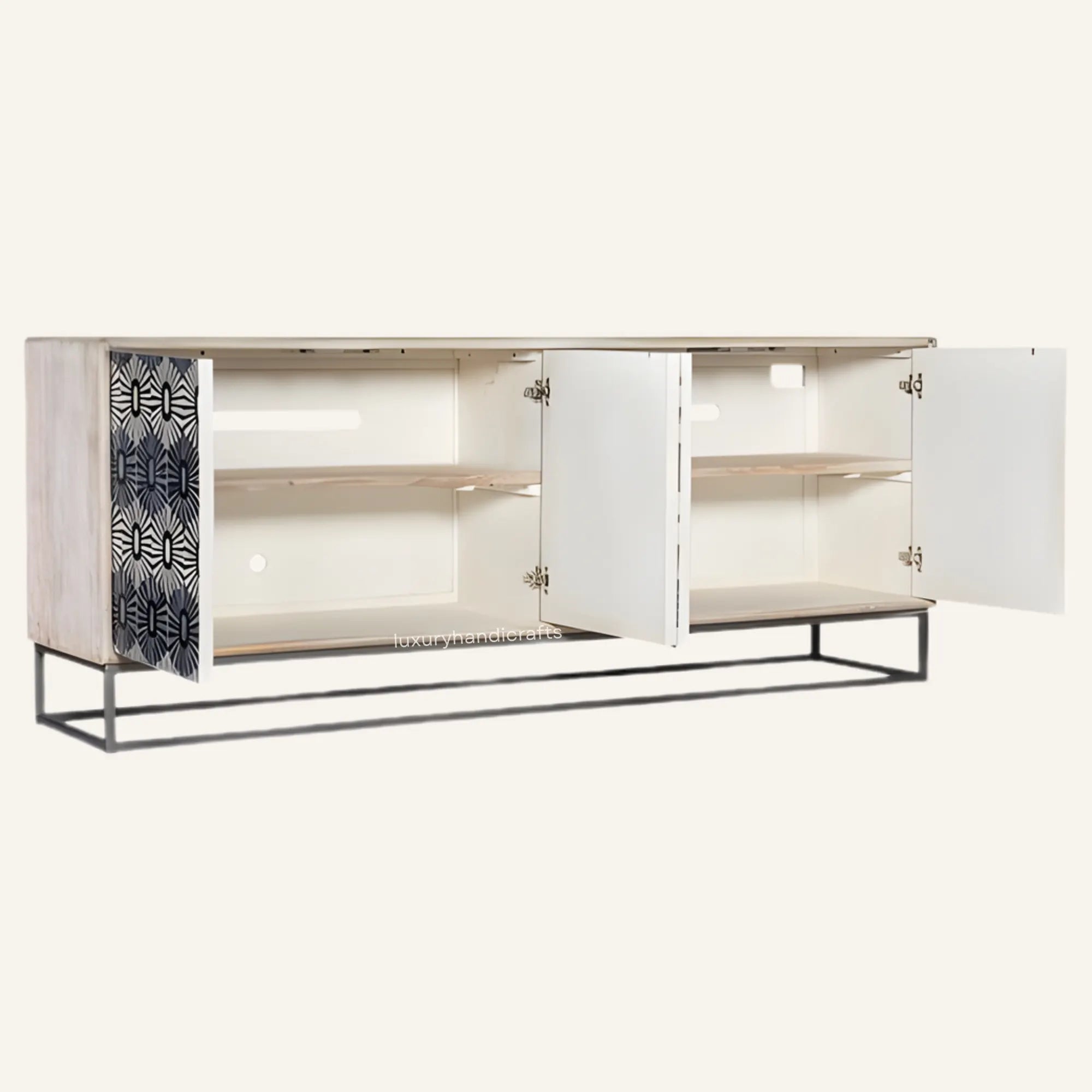 Modern sideboard with open doors on a white background