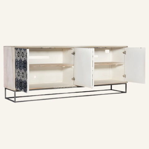Modern sideboard with open doors on a white background