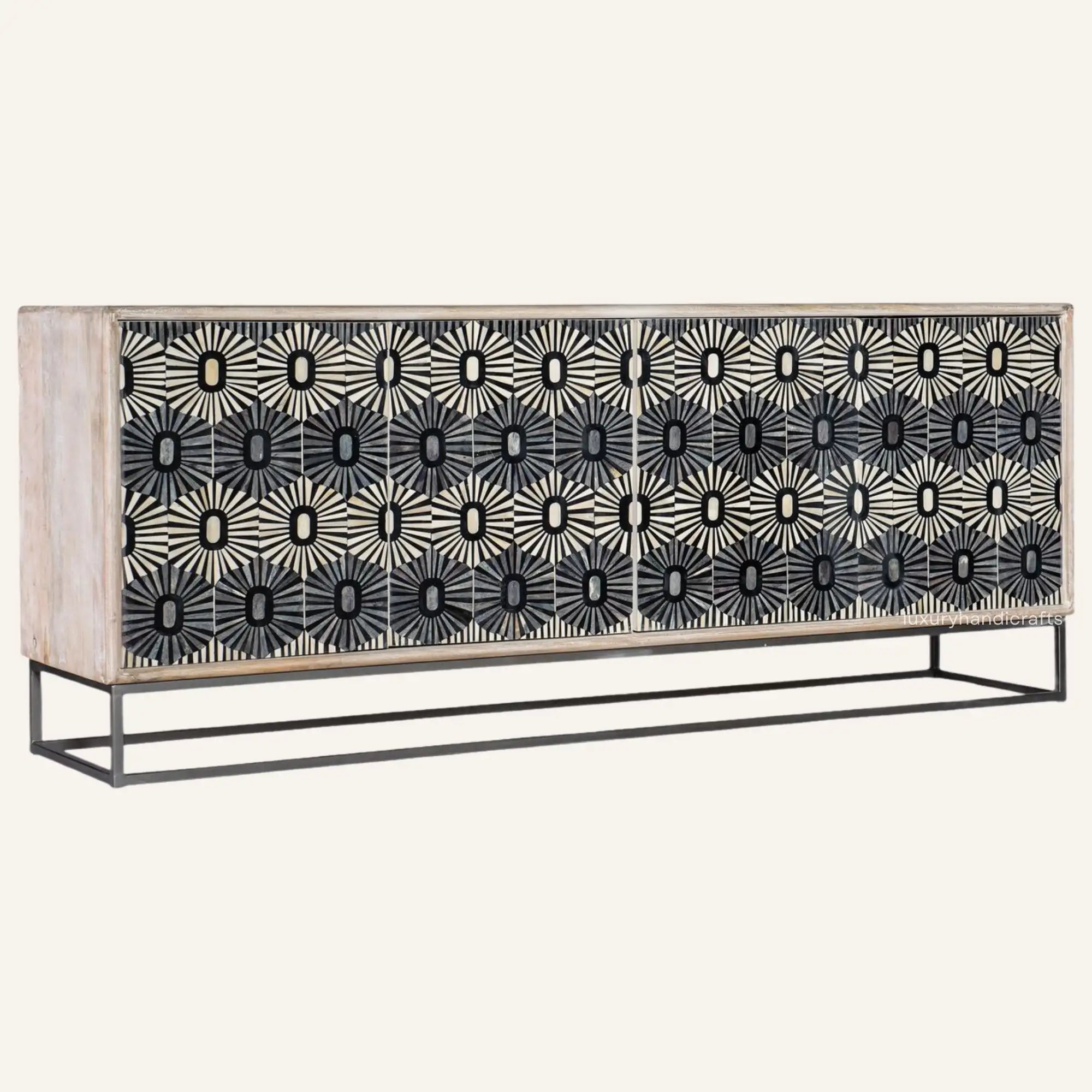Credenza with decorative black and white pattern on a white background