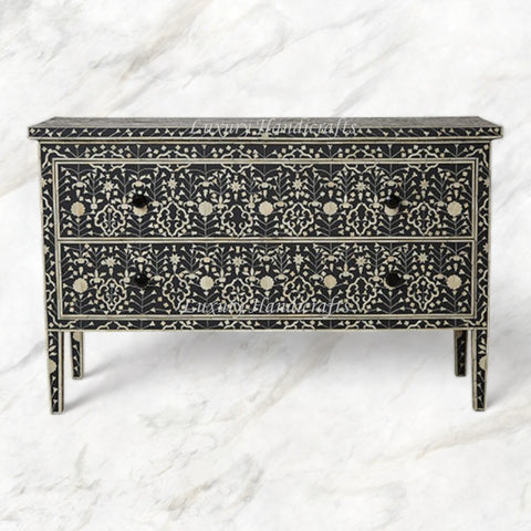 Moghul Flower Bone Inlay 2 Drawer Chest Black