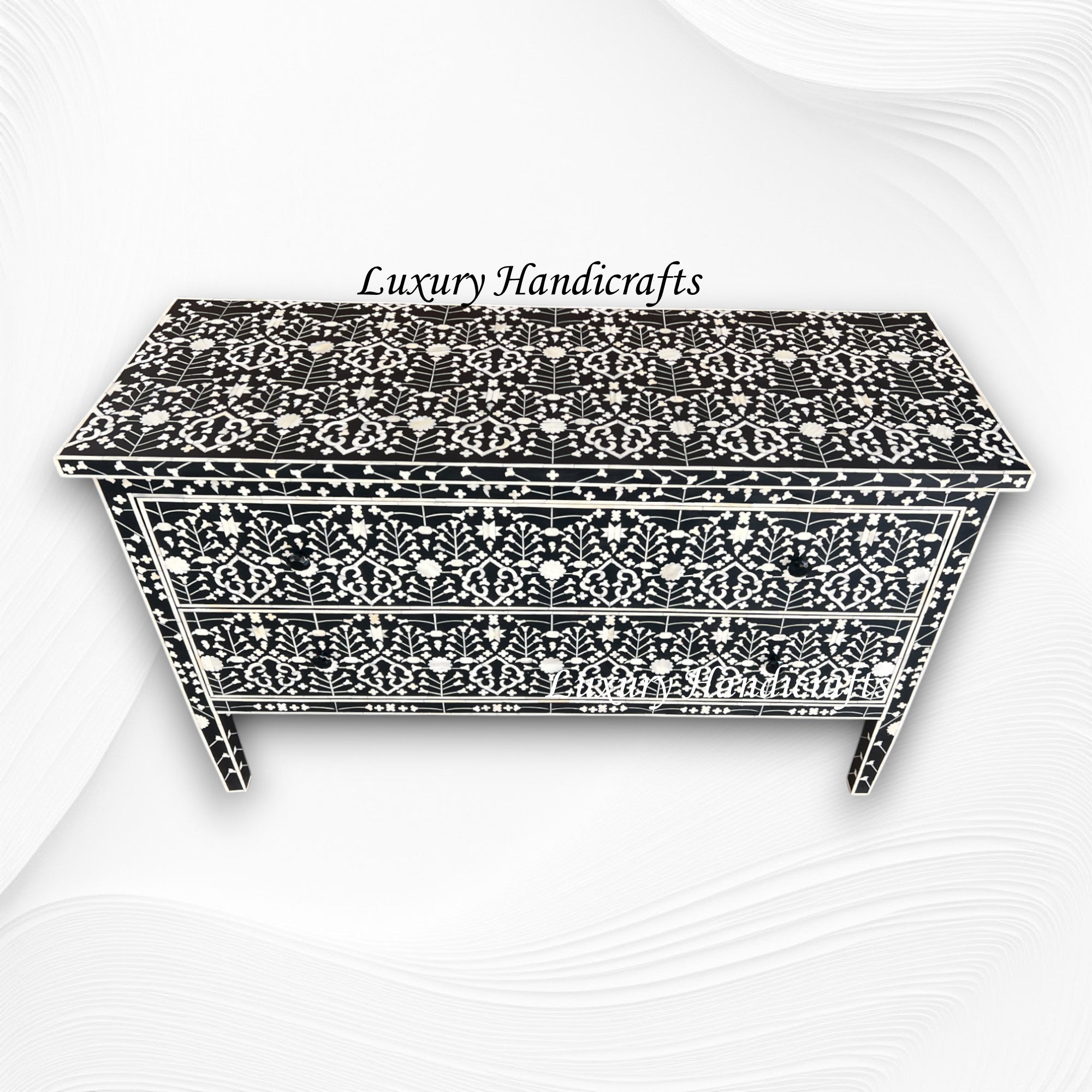 Moghul Flower Bone Inlay 2 Drawer Chest Black 6