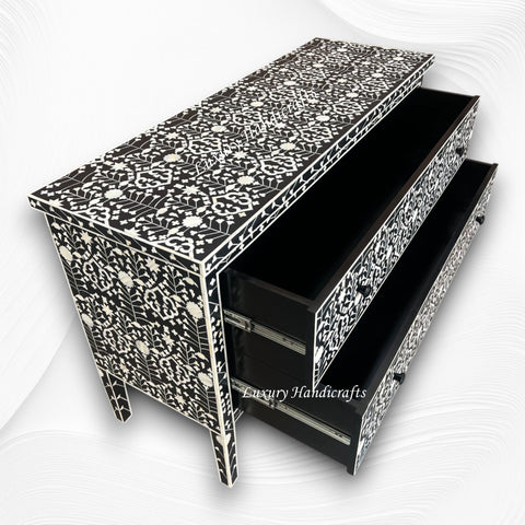 Moghul Flower Bone Inlay 2 Drawer Chest Black 3