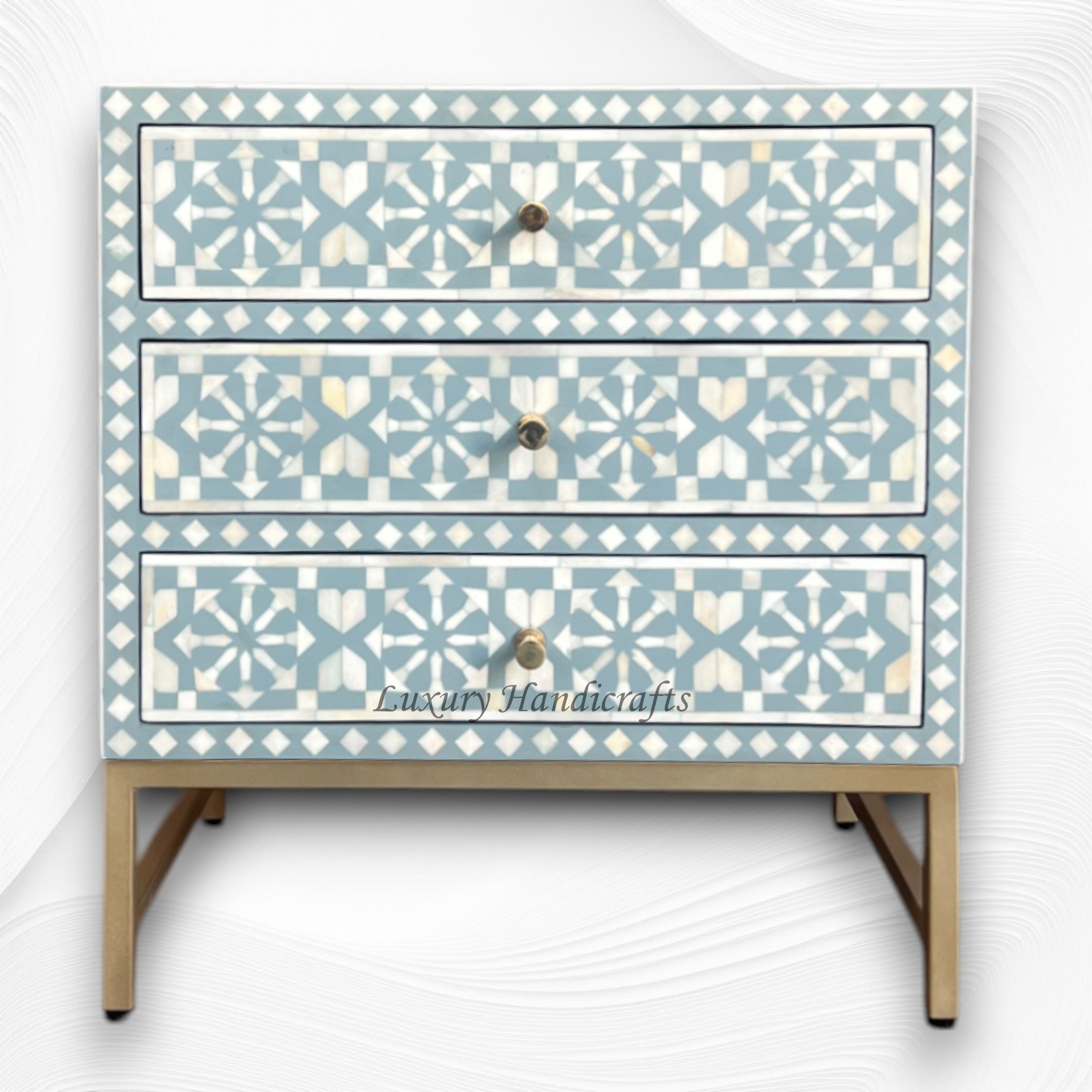 Moroccan Bone Inlay 3 Drawer Nightstand Rain Grey 4