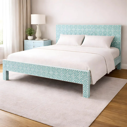 moroccan bone inlay bed mint green geometric pattern wooden bed frame