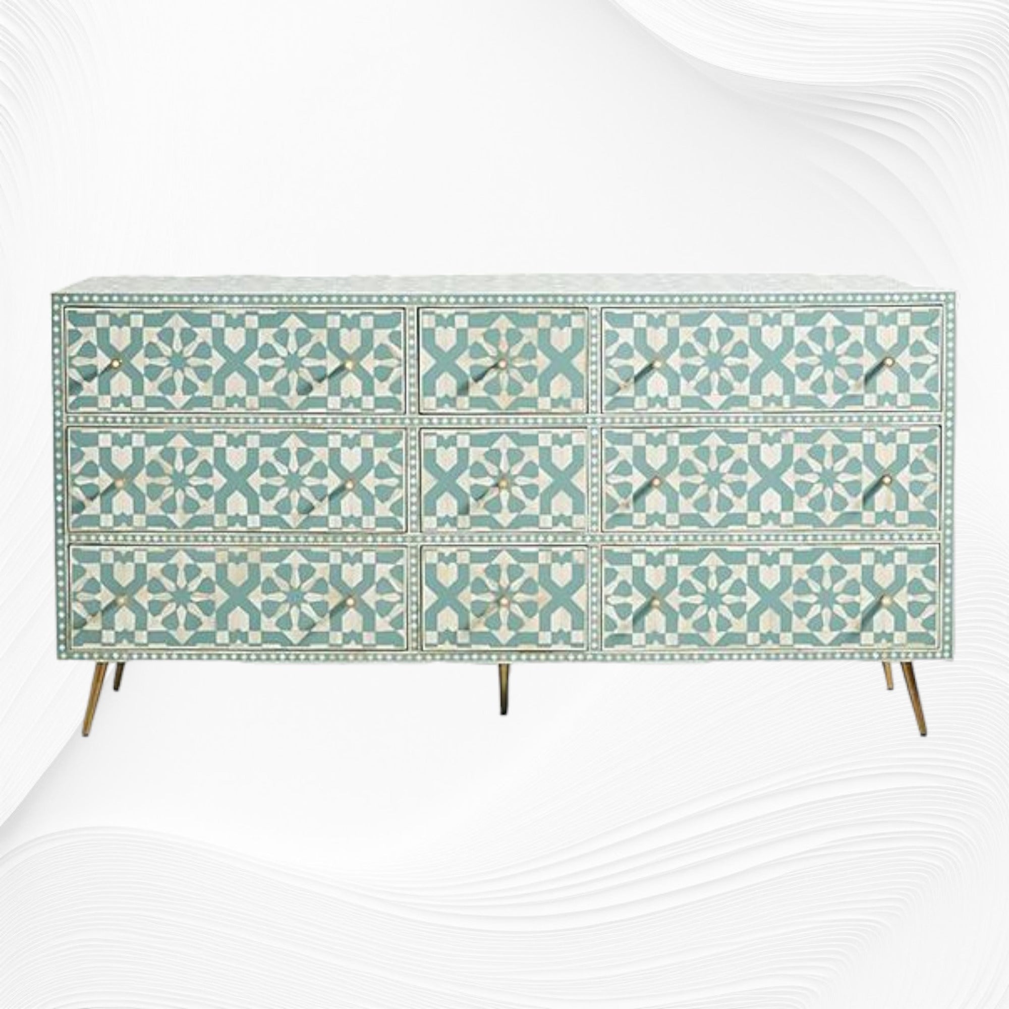 Bone Inlay Moroccan 9 Drawer Chest Green 7