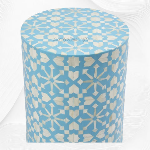 Moroccan Bone Inlay Round Side Table Aqua 1