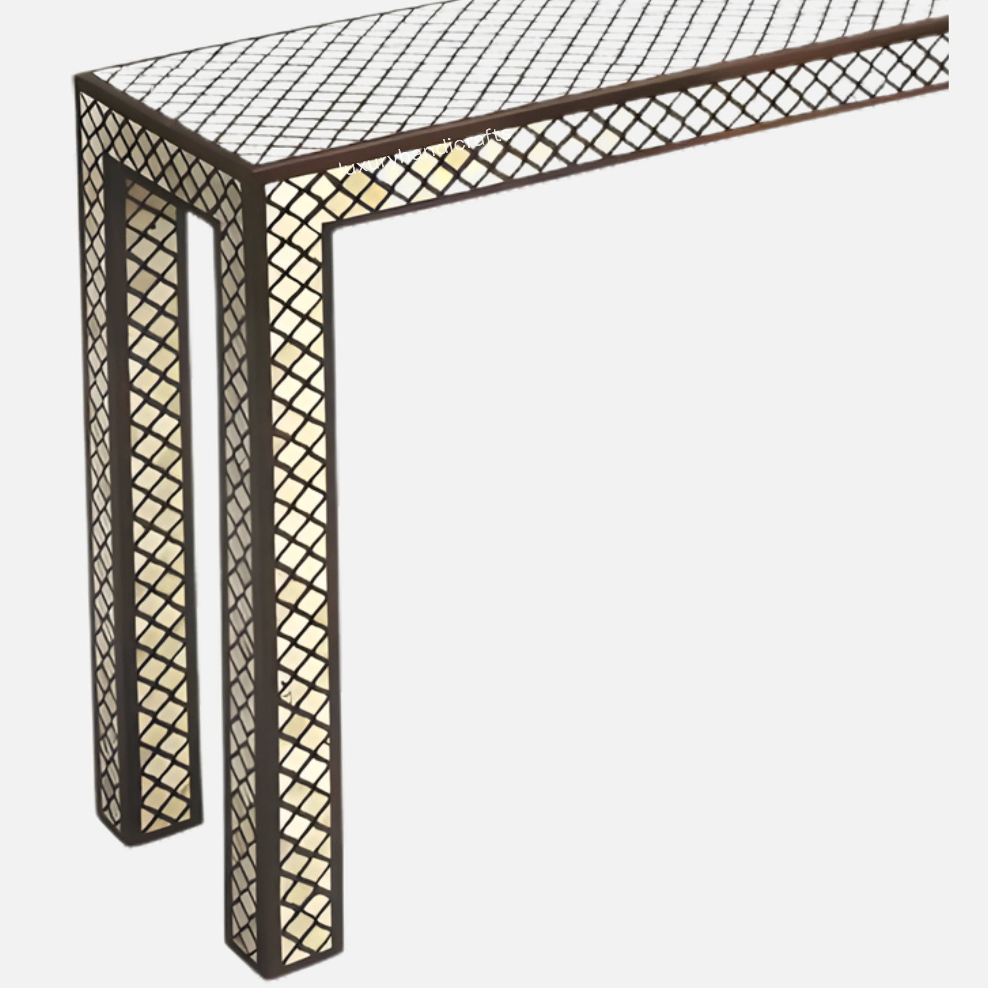 Decorative console table with lattice design on a white background