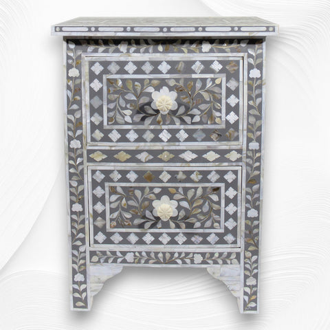 Mother Of Pearl Inlay Floral 2 Drawer Bedside Dark Grey