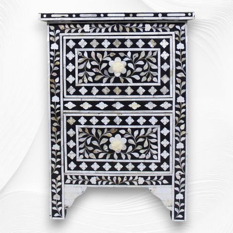Mother Of Pearl Inlay Floral 2 Drawer Bedside Black