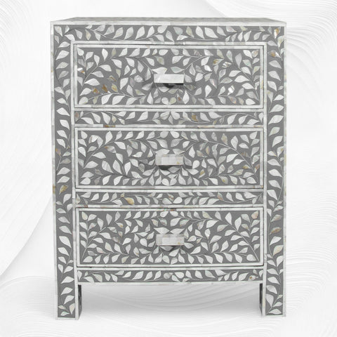 Mother Of Pearl Inlay Floral 3 Drawer Bedside Grey