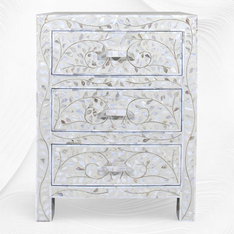 Mother Of Pearl Inlay Floral 3 Drawer Bedside Ivory