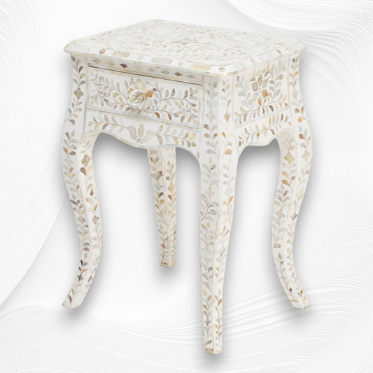 Mother of Pearl Inlay Curved Leg Table White 2