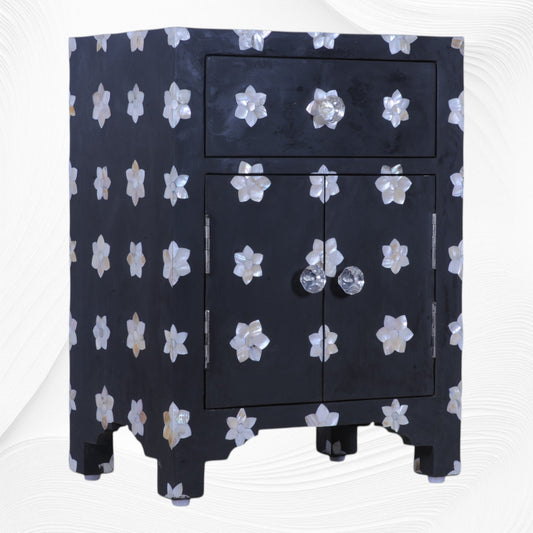 Mother Of Pearl Star 1 Drawer 2 Door Bedside Table Black