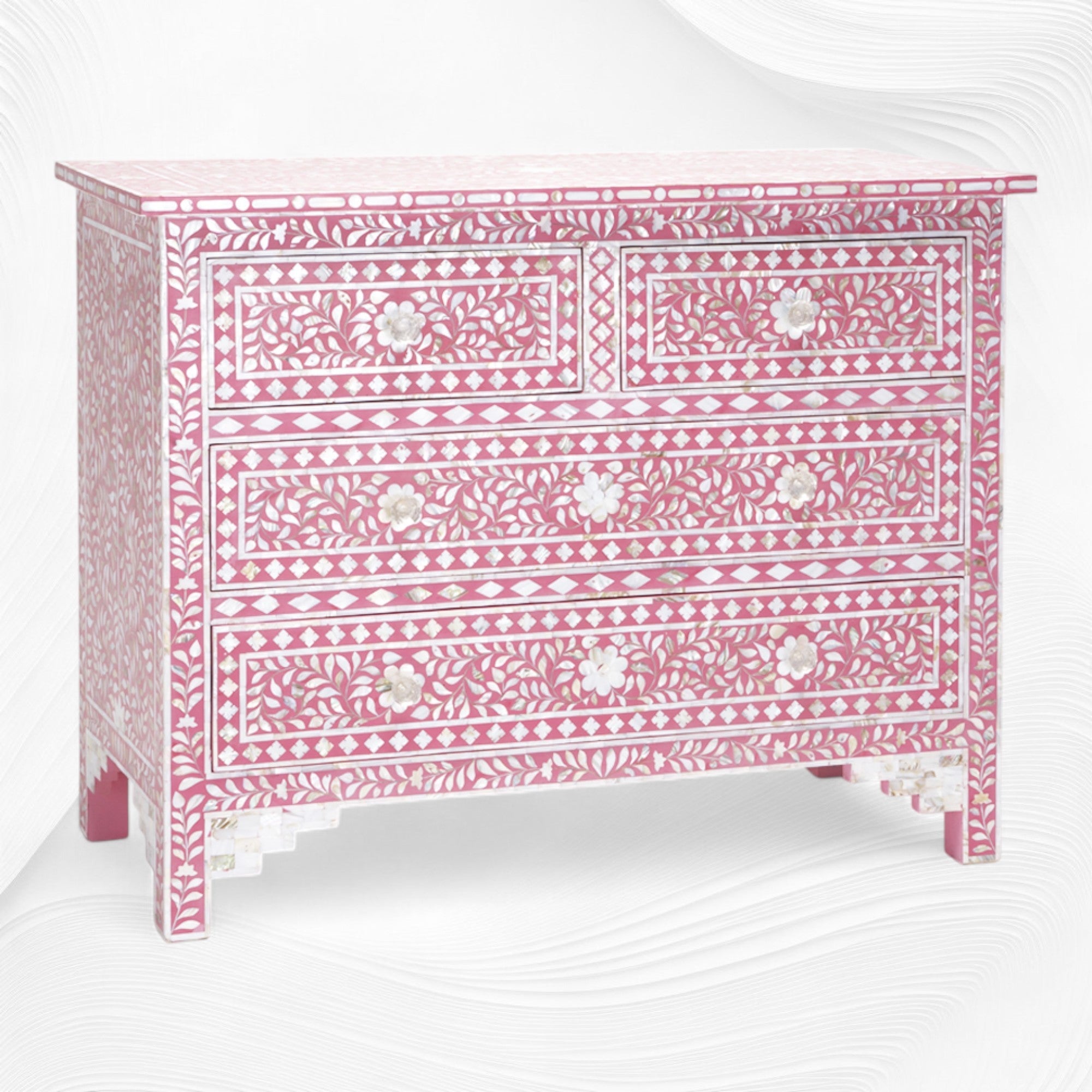 Mother Of Pearl Inlay Floral Chest Of Four Drawer Raspberry 2
