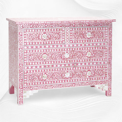 Mother Of Pearl Inlay Floral Chest Of Four Drawer Raspberry 2