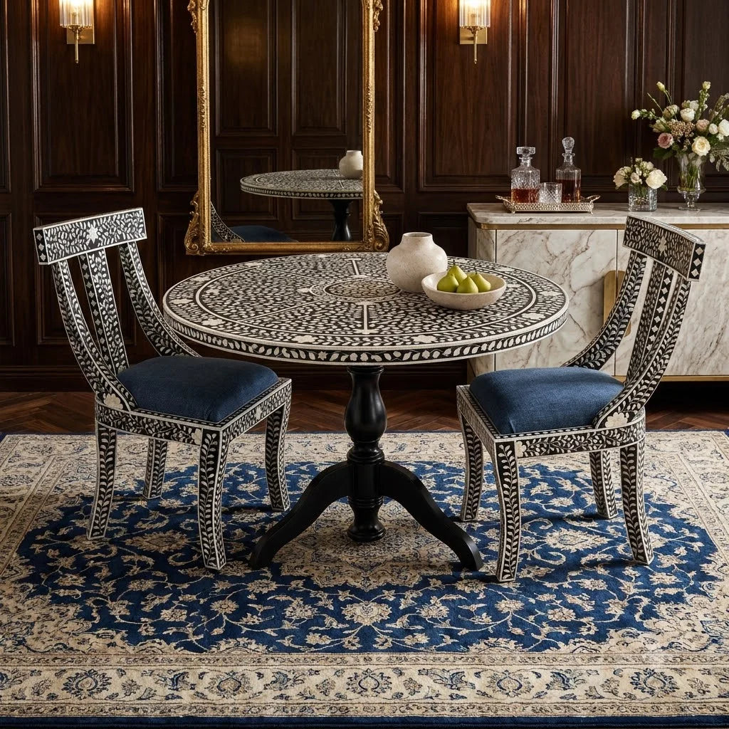 An ornate round dining table with a black and white mother of pearl inlay pattern, accompanied by two matching high-back chairs with blue upholstered seats, set on a blue and beige patterned rug in a dark wood-paneled room.