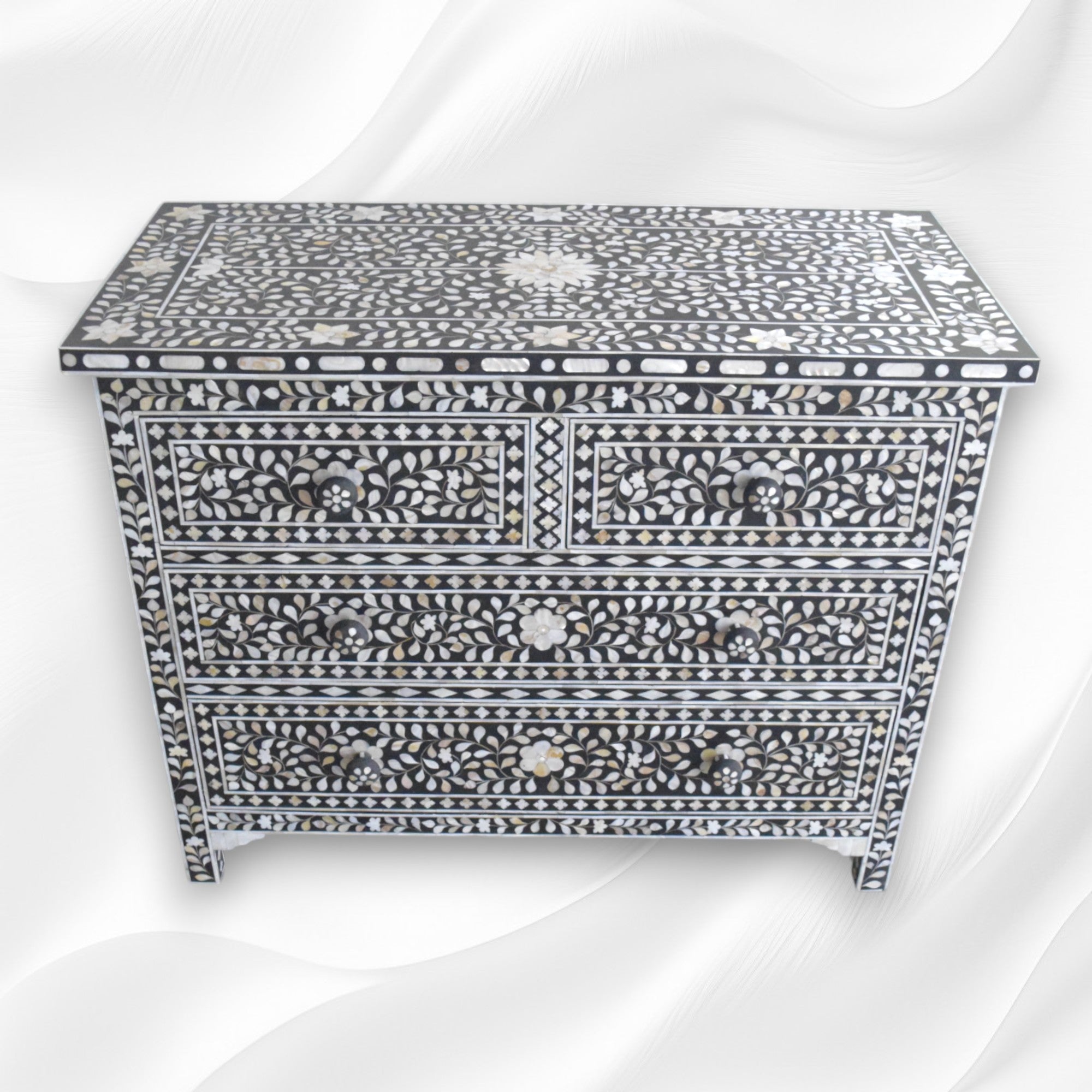 Mother Of Pearl Inlay Floral Chest Of Four Drawers Black 1