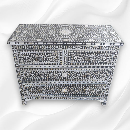 Mother Of Pearl Inlay Floral Chest Of Four Drawers Black 1