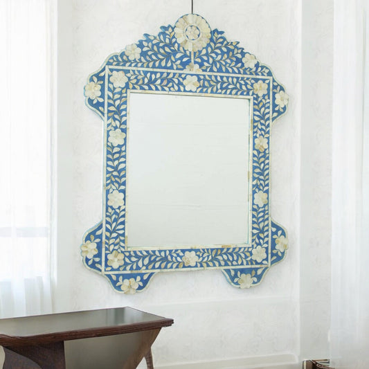 Blue Mother Of Pearl Inlay Floral Circle Mirror