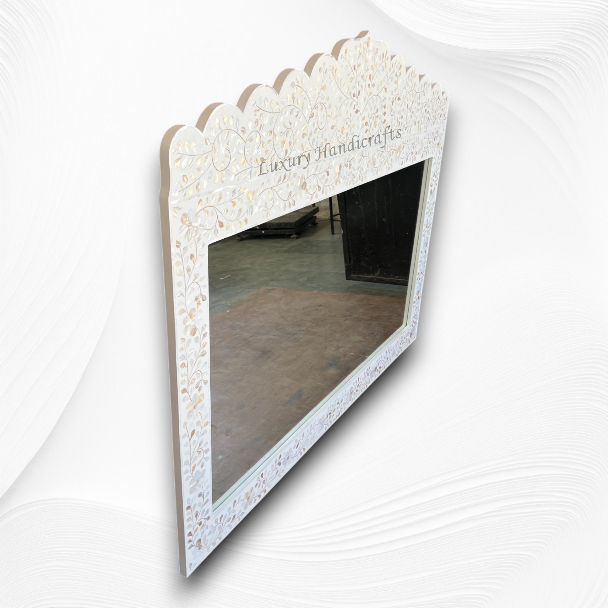 Mother Of Pearl Inlay Floral Crested Mirror White Large 1