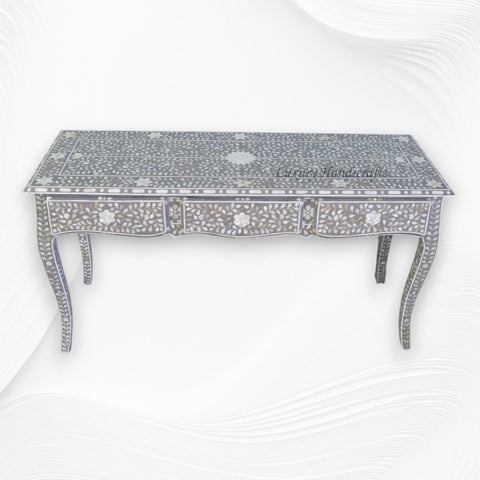 Mother Of Pearl Inlay Long Curved Leg Desk Grey 1