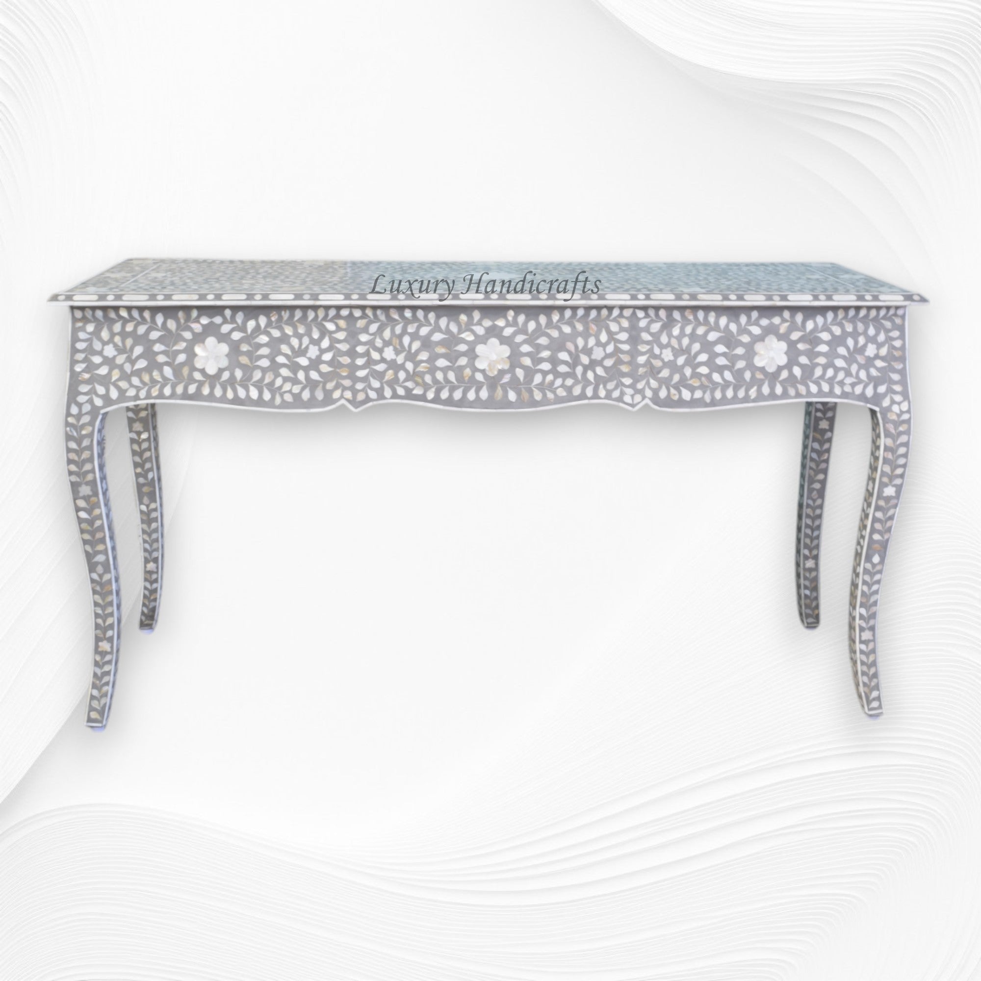 Mother Of Pearl Inlay Long Curved Leg Desk Grey 3