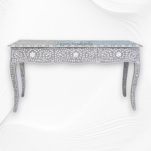 Mother Of Pearl Inlay Long Curved Leg Desk Grey 3