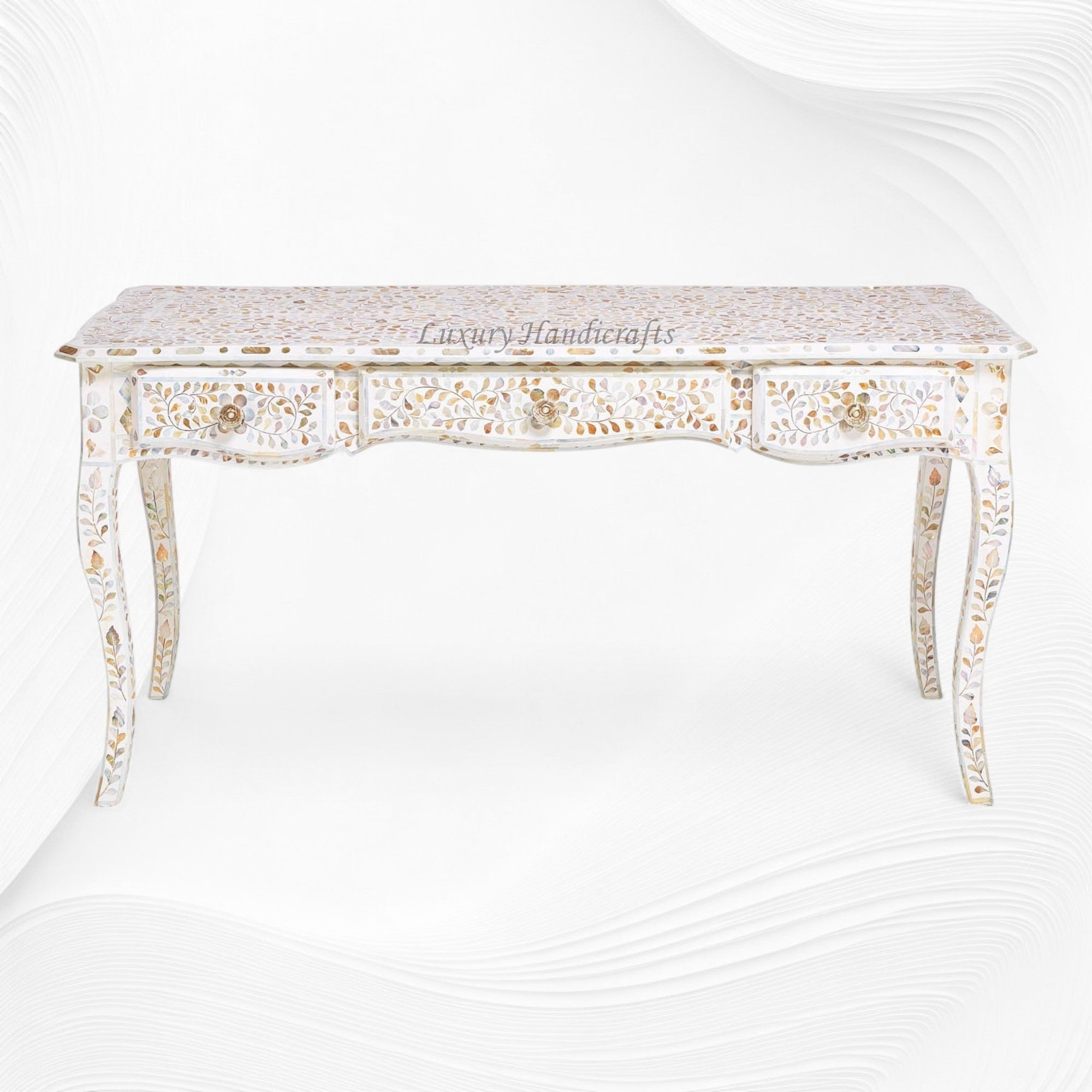 Mother Of Pearl Inlay Long Curved Leg Desk White 6
