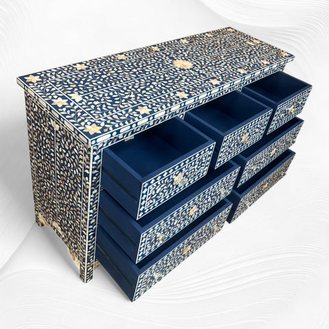 Navy Blue Mother of Pearl Inlay Chest Of 7 Drawers Large